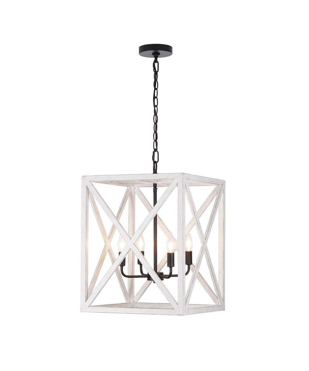 Alsy 16"W 4-Light Distressed White Caged Large Pendant Light Fixture, French Country Style