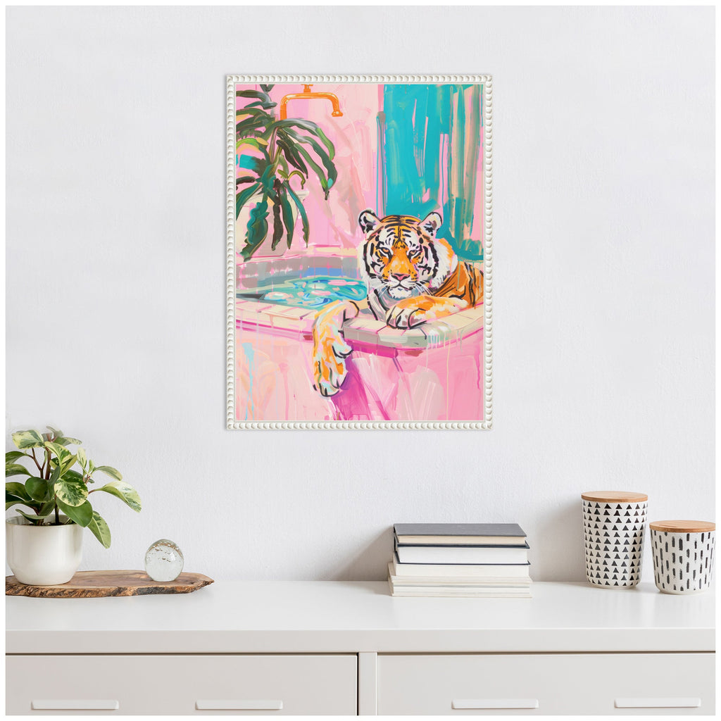 Sylvie Tiger Bathtub Vibrant Dopamine Decor Framed Canvas by Honey Island Studio
