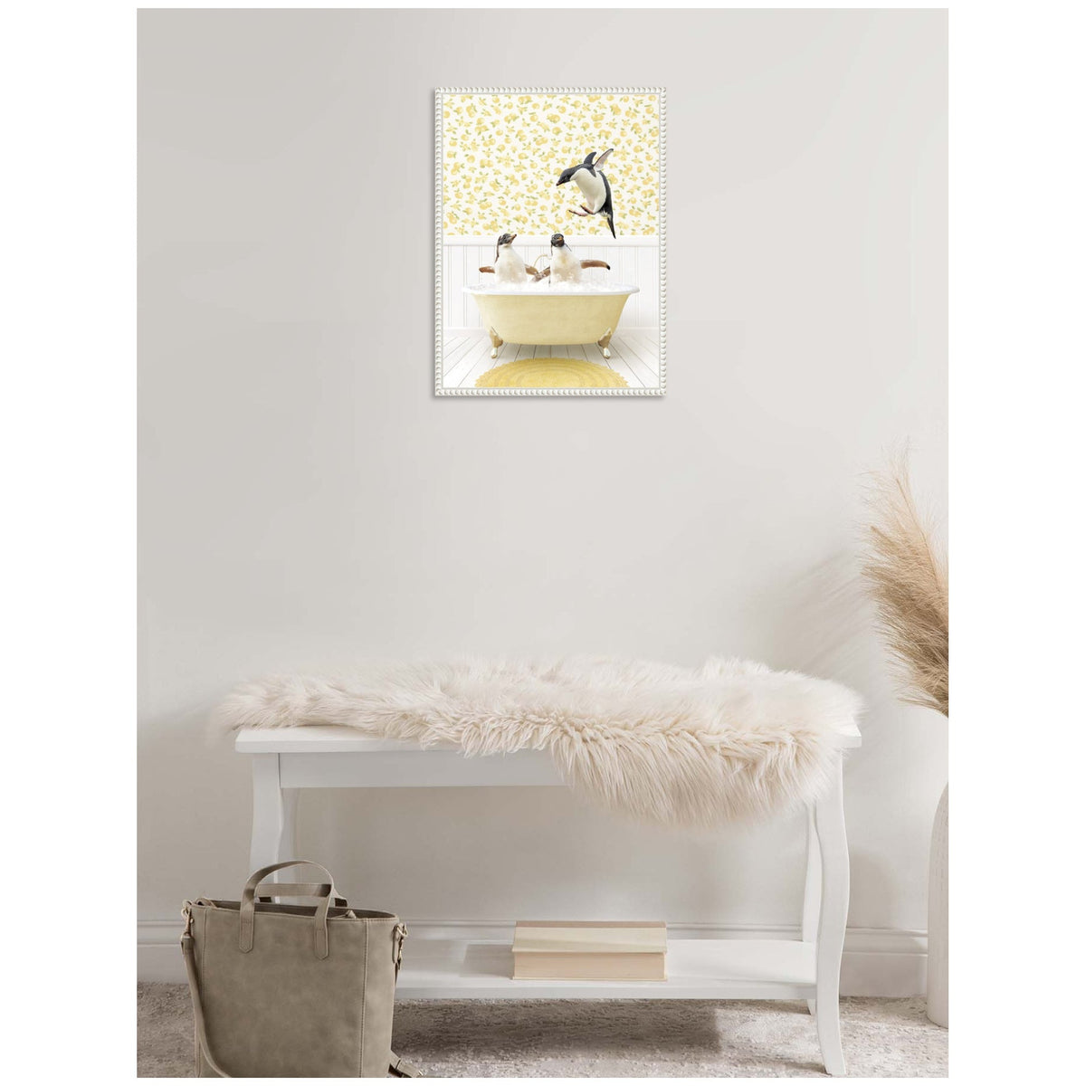 Sylvie Penguins in Cottage Yellow Bathtub Framed Canvas by Amy Peterson
