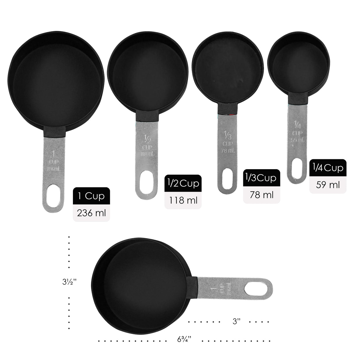 4-Piece Nesting Measuring Cup Set with Stainless Steel Handles, Black