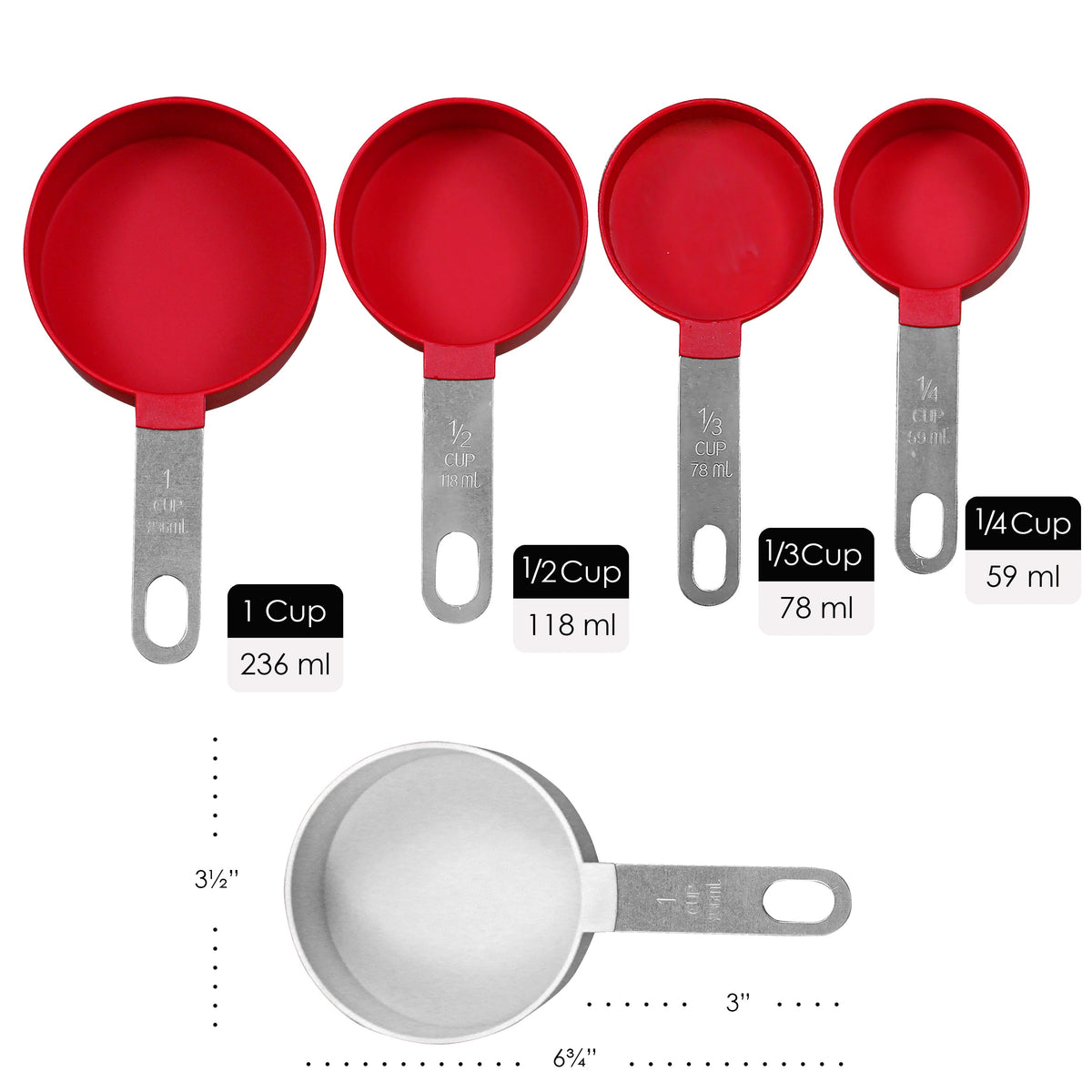 4-Piece Nesting Measuring Cup Set with Stainless Steel Handles, Red
