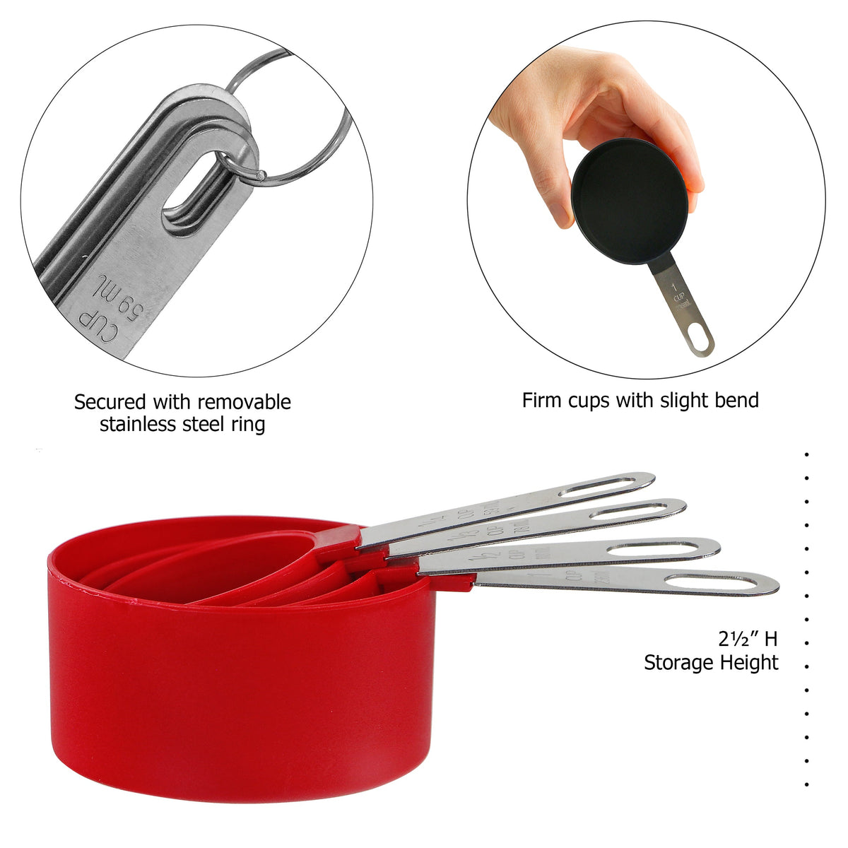 4-Piece Nesting Measuring Cup Set with Stainless Steel Handles, Red
