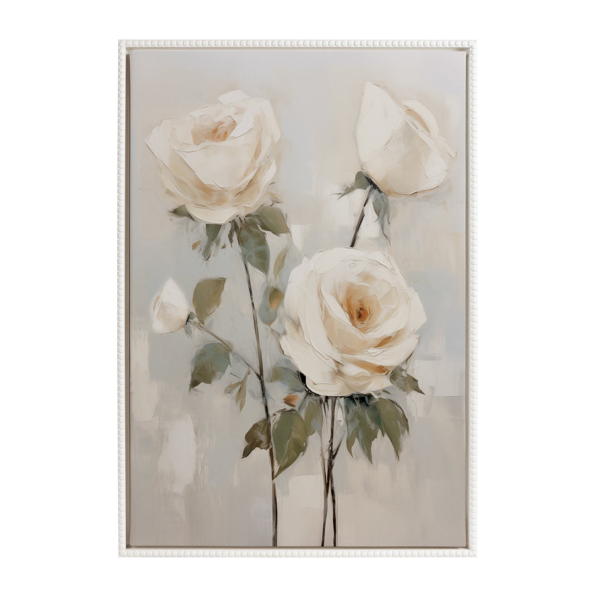 Sylvie Beaded Soft White Roses Framed Canvas by The Creative Bunch Studio