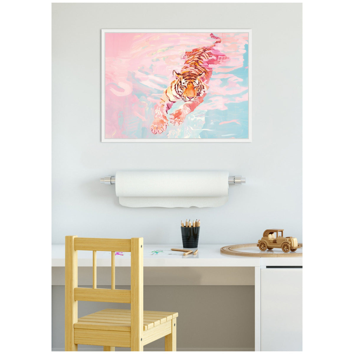 Sylvie Tiger Swim Vibrant Dopamine Landscape Framed Canvas by Honey Island Studio