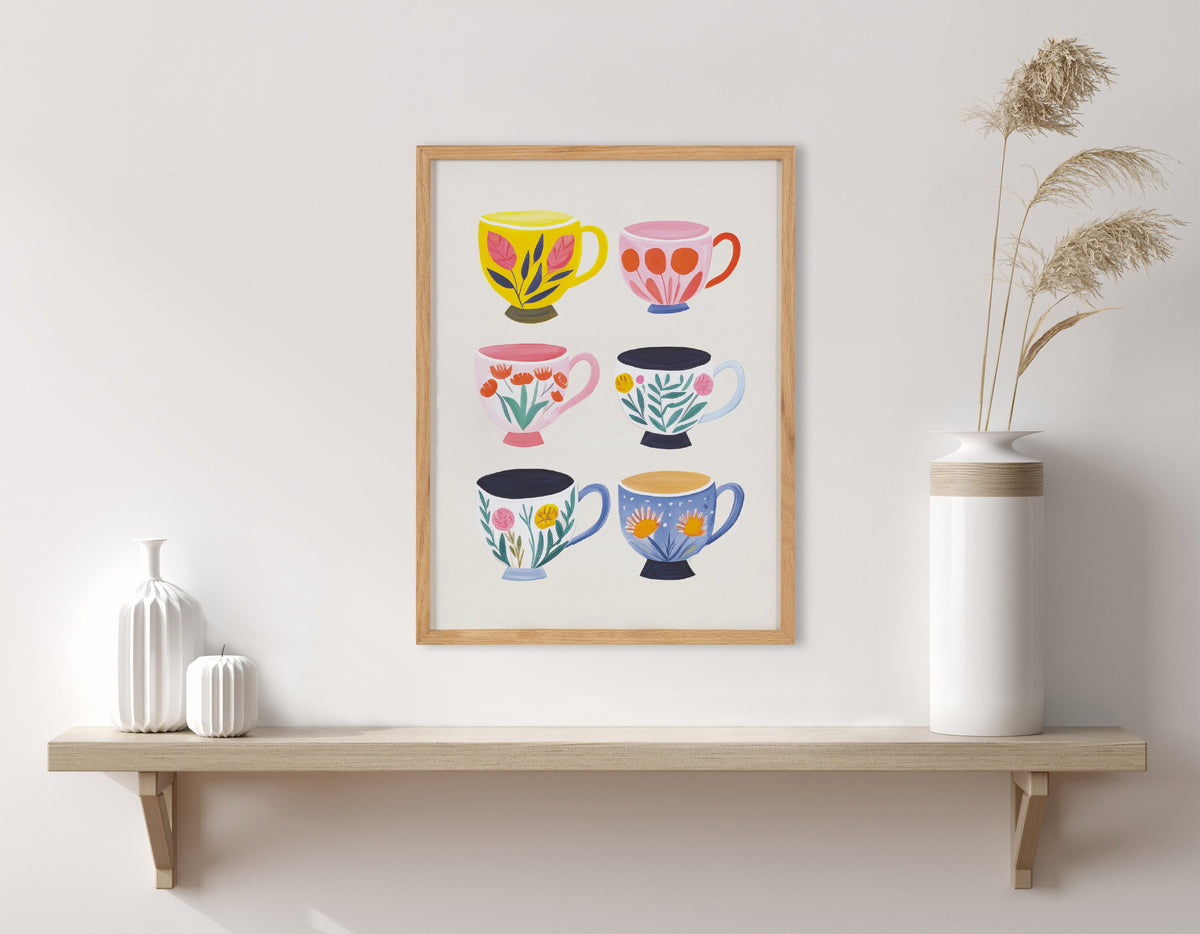 Gallery Botanical Coffee Shop Tea Cups Print by The Creative Bunch Studio