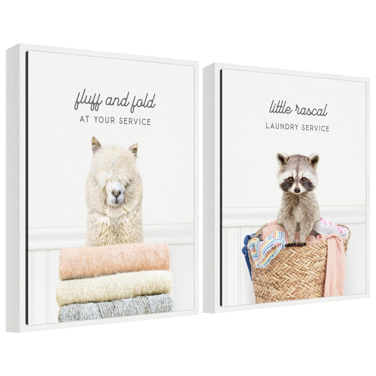 Sylvie Alpaca Fluff Fold and Racoon Little Rascal Laundry Framed Canvas Art Set by Amy Peterson
