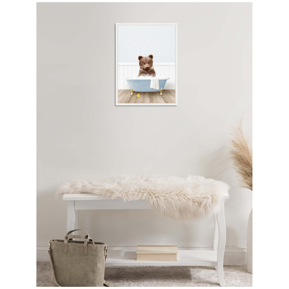 Sylvie Bear Cub in Cottage Blue Bathtub Framed Canvas by Amy Peterson