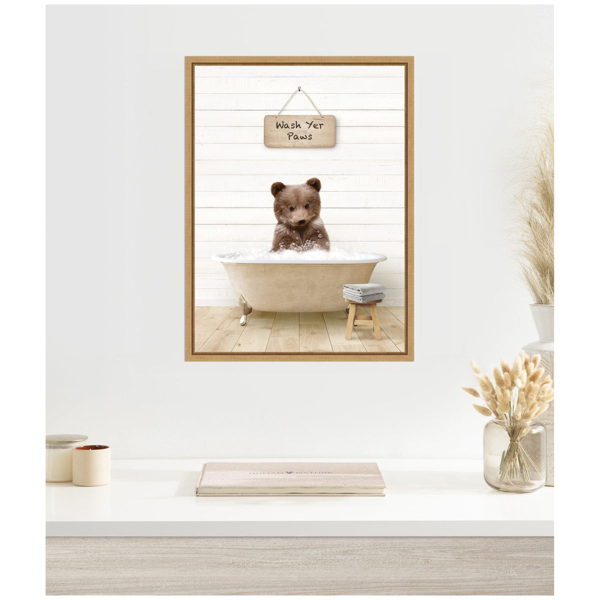 Sylvie Bear Cub in Modern Bathtub Wash Your Paws Framed Canvas by Amy Peterson