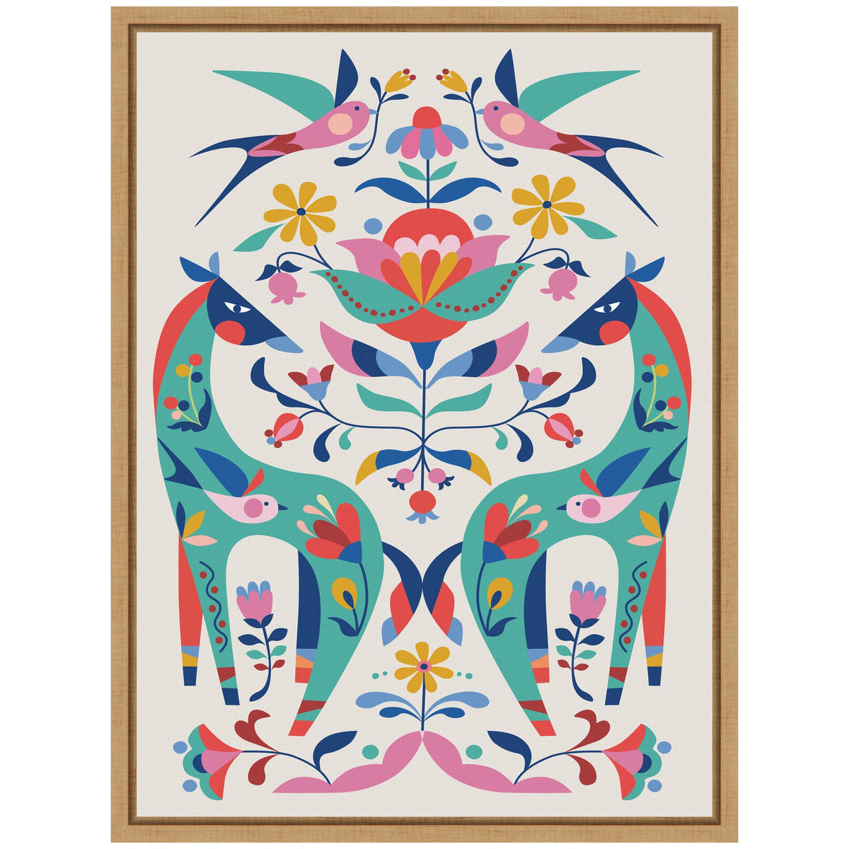 Sylvie Folk-Art Horses and Birds Framed Canvas by Rachel Lee