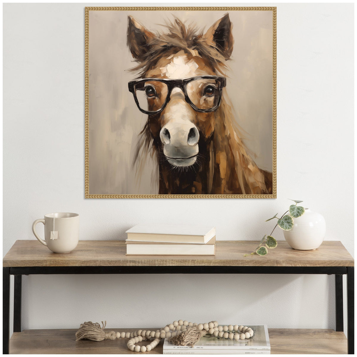 Sylvie Hay Those Are My Glasses Horse Framed Canvas by The Creative Bunch Studio