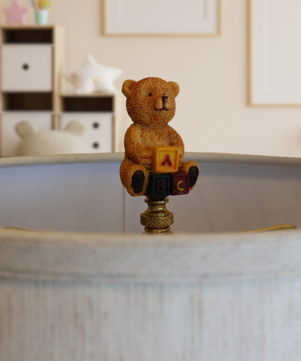 Teddy Bear Decorative Lamp Finial Antique Brass Base, 2.75"h