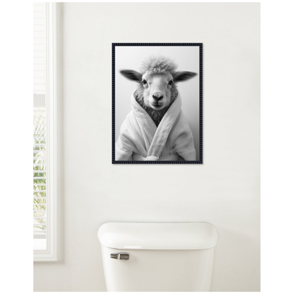 Sylvie Sheep Bathroom Art Towel Robe Black and White Framed Canvas by The Creative Bunch Studio