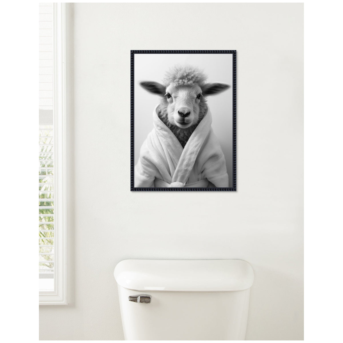 Sylvie Sheep Bathroom Art Towel Robe Black and White Framed Canvas by The Creative Bunch Studio