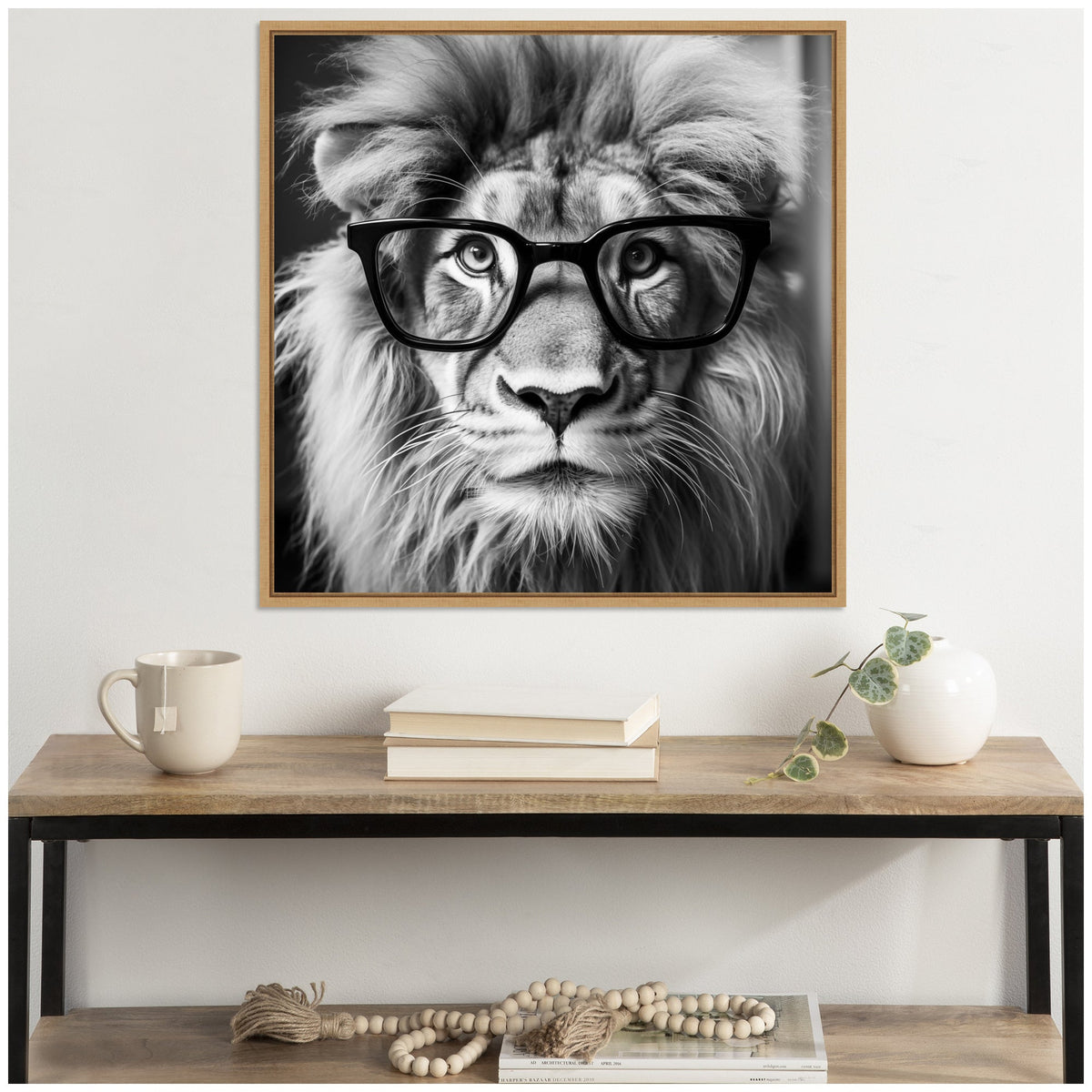 Sylvie Black and White Lion in Reading Glasses Framed Canvas by The Creative Bunch Studio