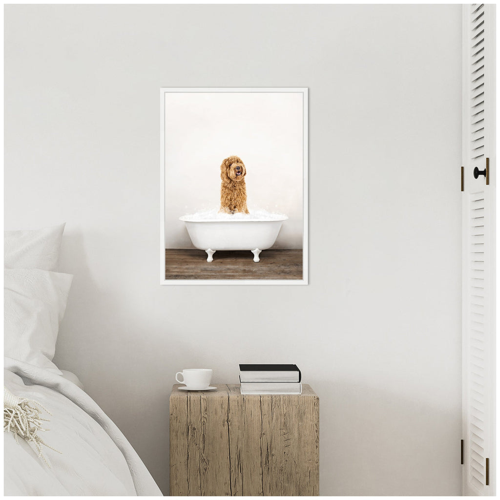 Sylvie Golden Labradoodle in Rustic Bath Style Framed Canvas by Amy Peterson