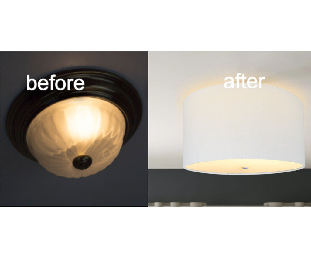16"W Moderne Flush Mount Conversion Kit  White Linen Drum Lampshade