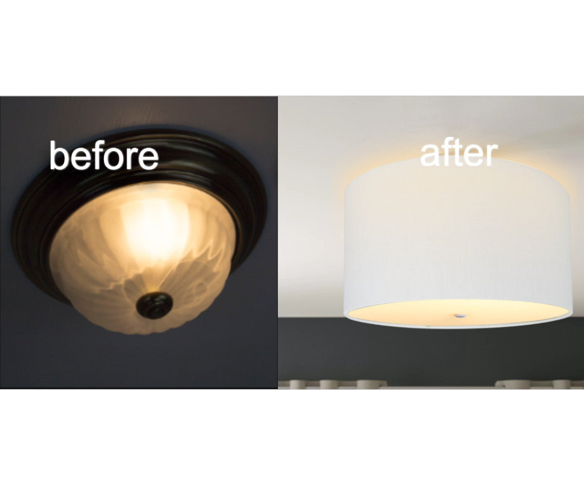 16"W Moderne Flush Mount Conversion Kit  White Linen Drum Lampshade
