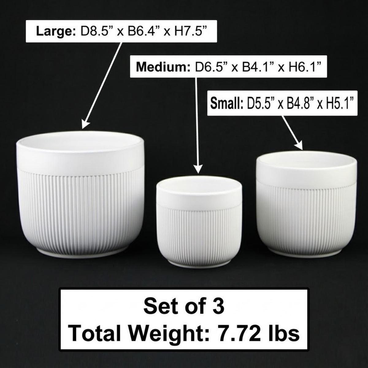 3-Piece White Stoneware Planter Pot Set with Vertical Line Texture