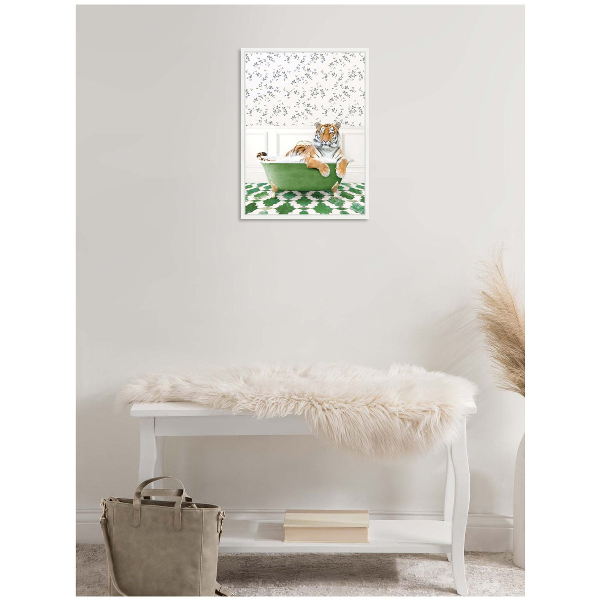 Sylvie Tiger in Eclectic Green Bathtub Framed Canvas by Amy Peterson