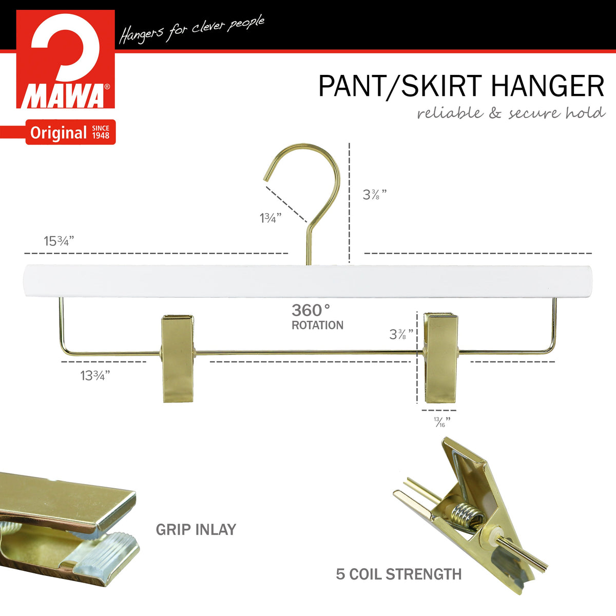 MAWA Metropolis Trend 40D Pant & Skirt Hanger with Adjustable Clips, White, Gold Hook