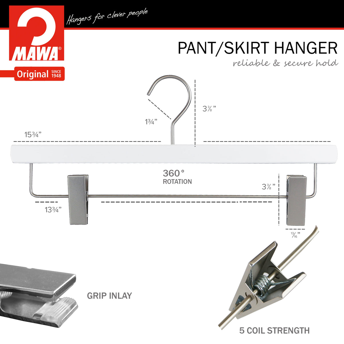 MAWA Metropolis Trend 40D Pant & Skirt Hanger with Adjustable Clips, White, Silver Hook