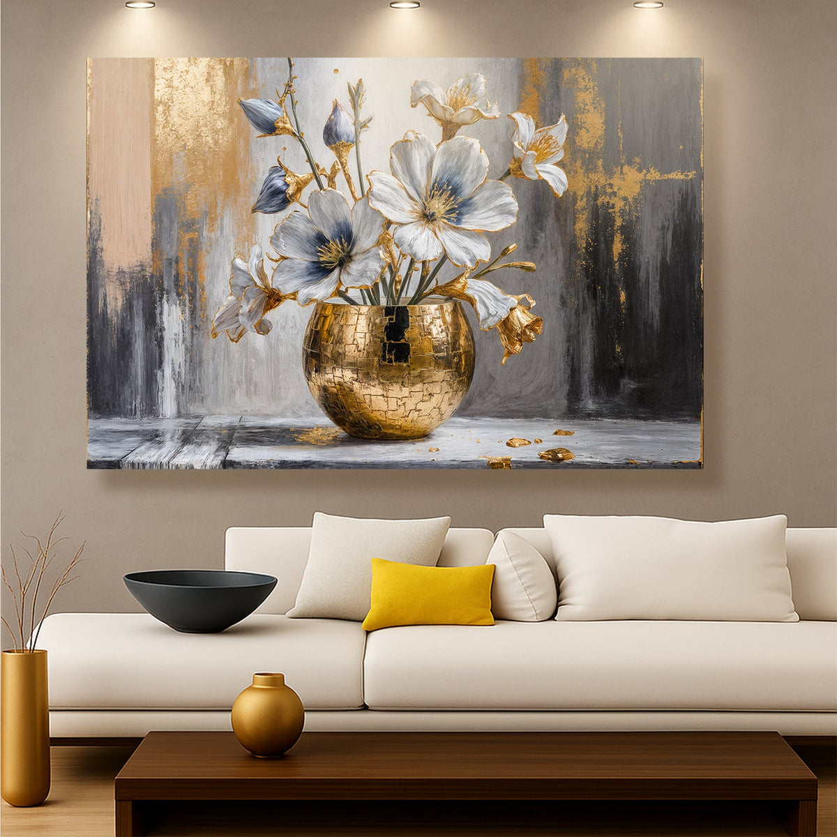 Magnolia Bloom in Gold Abstract Canvas Wall Art