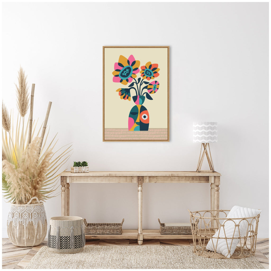Sylvie Abstract Vintage Retro Sunflower Vase Framed Canvas by Rachel Lee