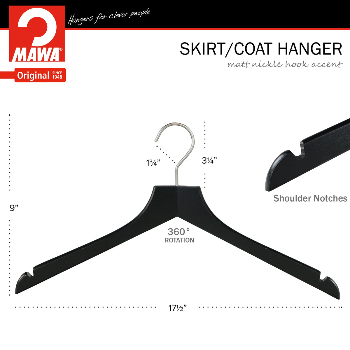 MAWA Metropolis Bodyform Profi 45/RE Shirt Hanger with Shoulder Notches, Black, Silver Hook