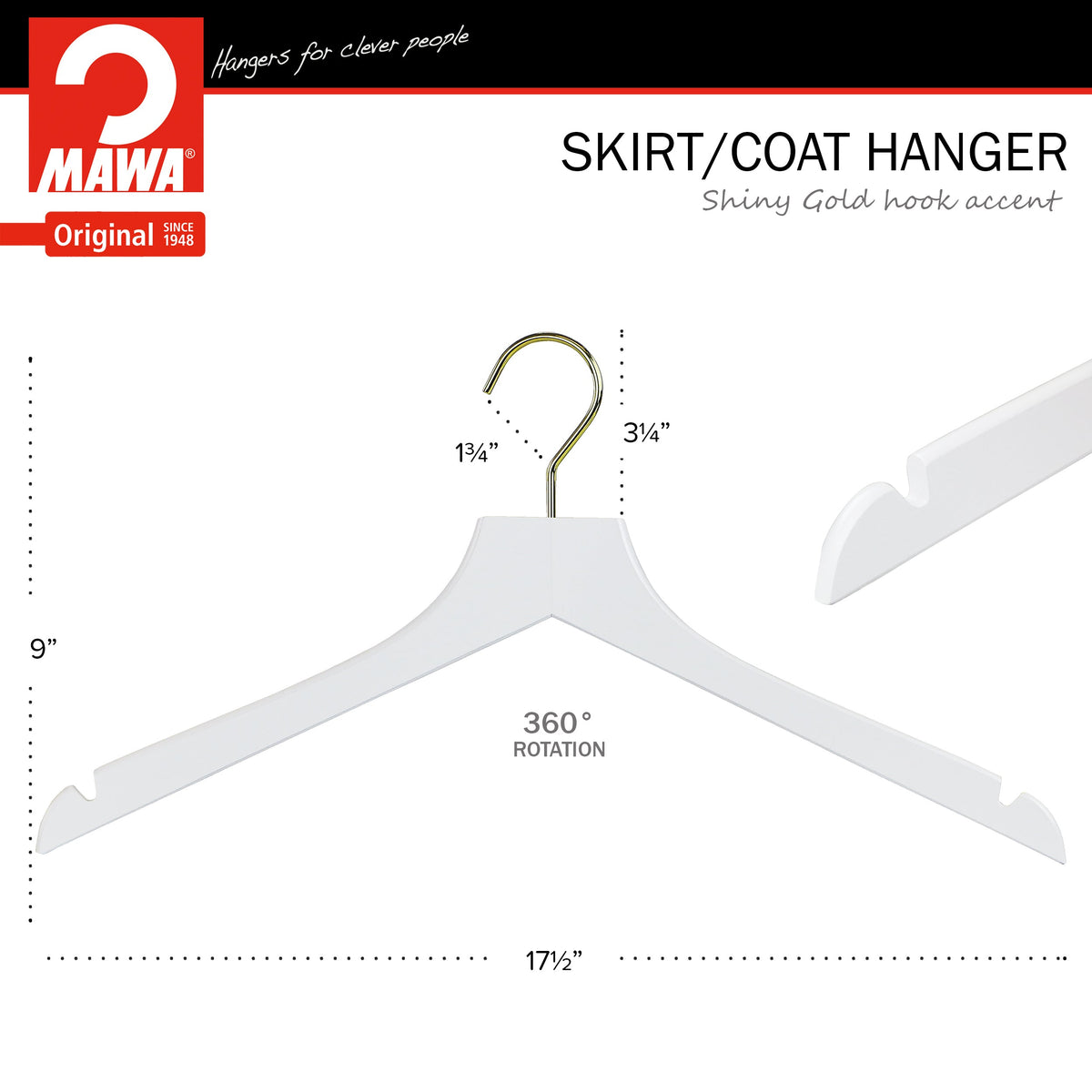 MAWA Metropolis Bodyform Profi 45/RE Shirt Hanger with Shoulder Notches, White, Gold Hook