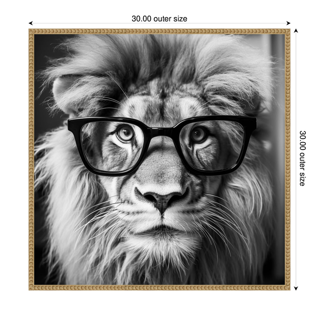 Sylvie Black and White Lion in Reading Glasses Framed Canvas by The Creative Bunch Studio