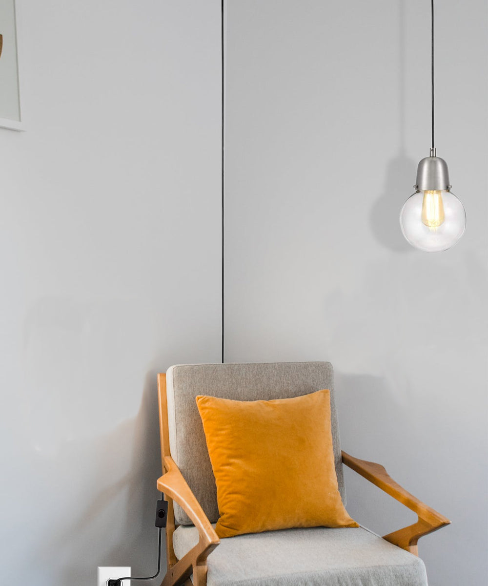Plug-In LED Globe Pendant Light, Brushed Nickel Finish with Clear Glass Shade, 15' Black Cord