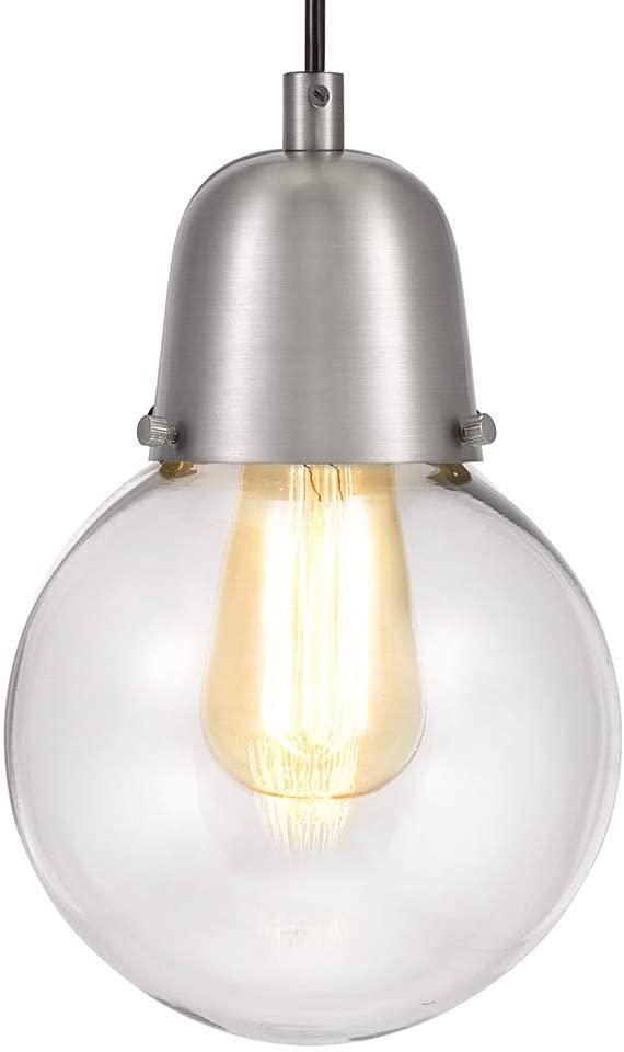 Plug-In LED Globe Pendant Light, Brushed Nickel Finish with Clear Glass Shade, 15' Black Cord