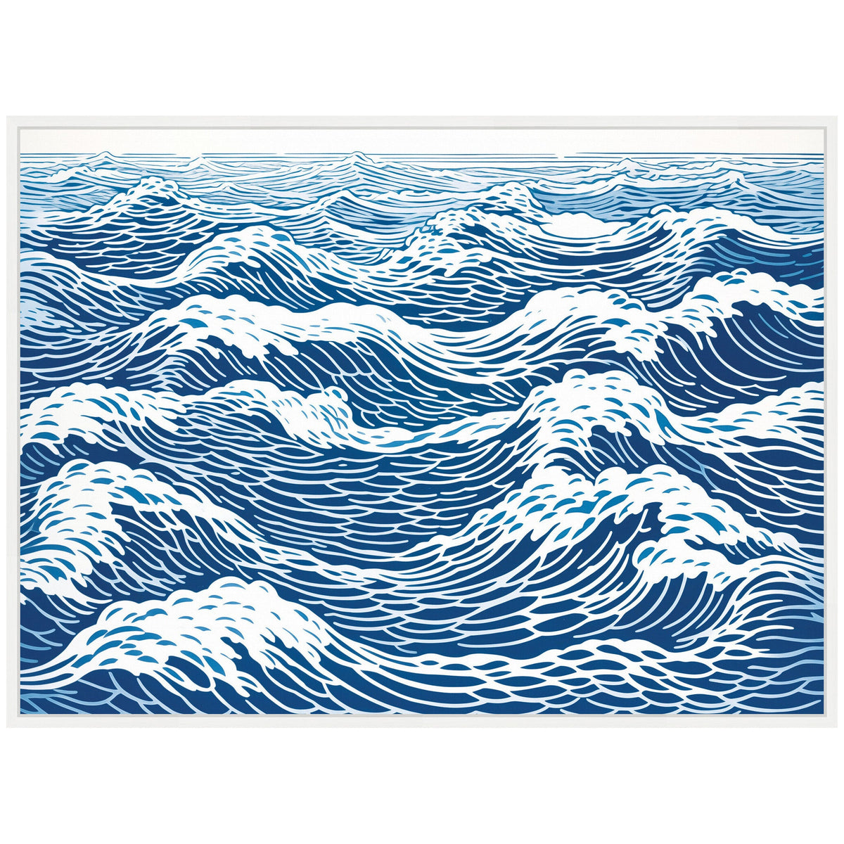 Sylvie Linocut Abstract Waves Blue and White Framed Canvas by The Creative Bunch Studio
