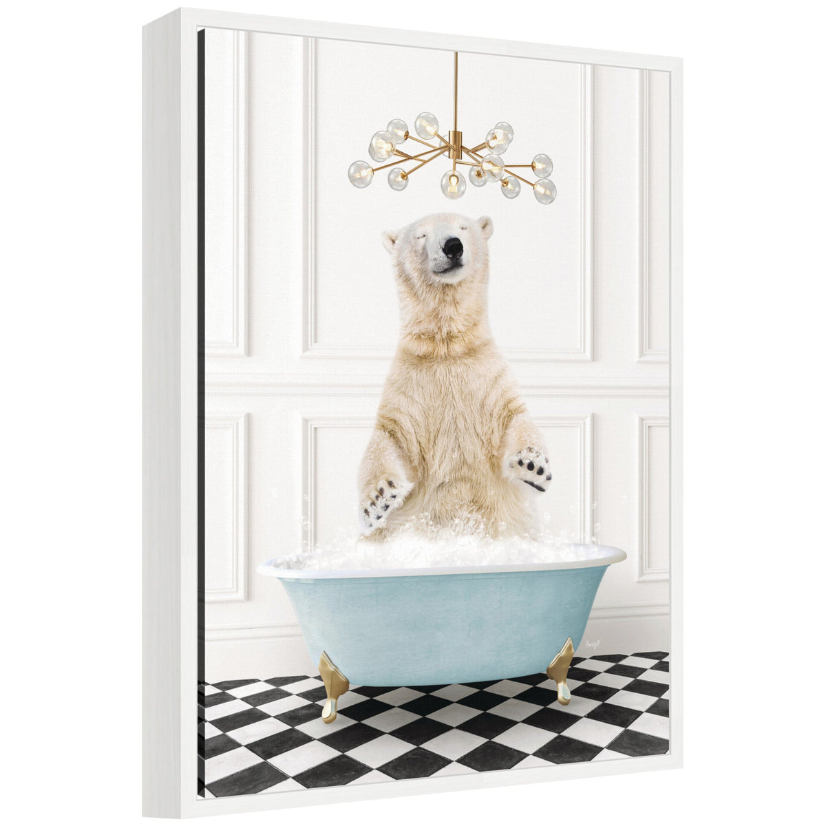 Sylvie Polar Bear in Blue Bathtub on Checker Floor Framed Canvas by Amy Peterson