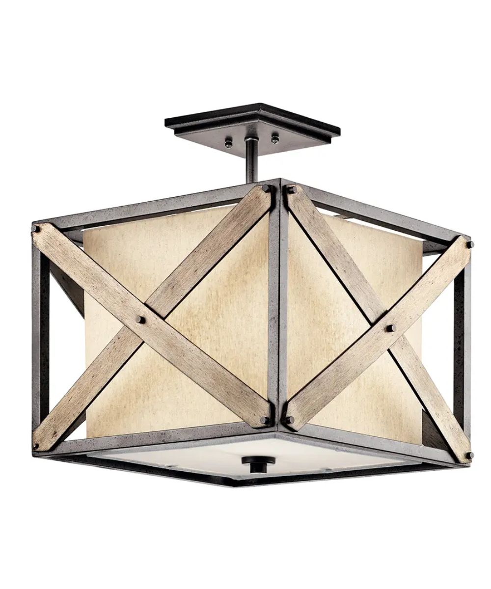 Kichler Cahoon 16"W 1-Light Anvil Iron Finish Square Shade Pendant/Semi-Flush Mount Light Fixture