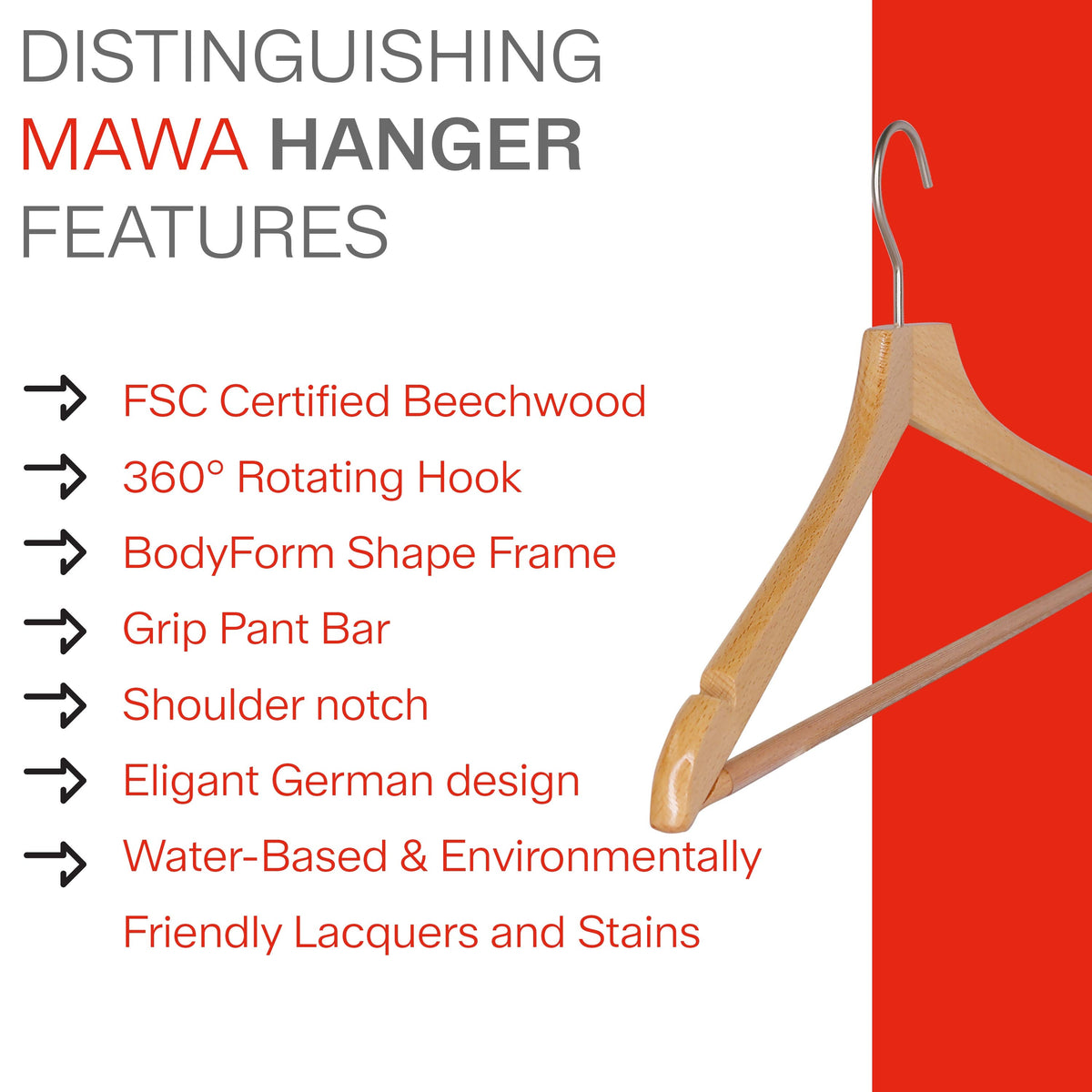 MAWA Metropolis Bodyform Shirt Hanger with Pant Bar, Natural