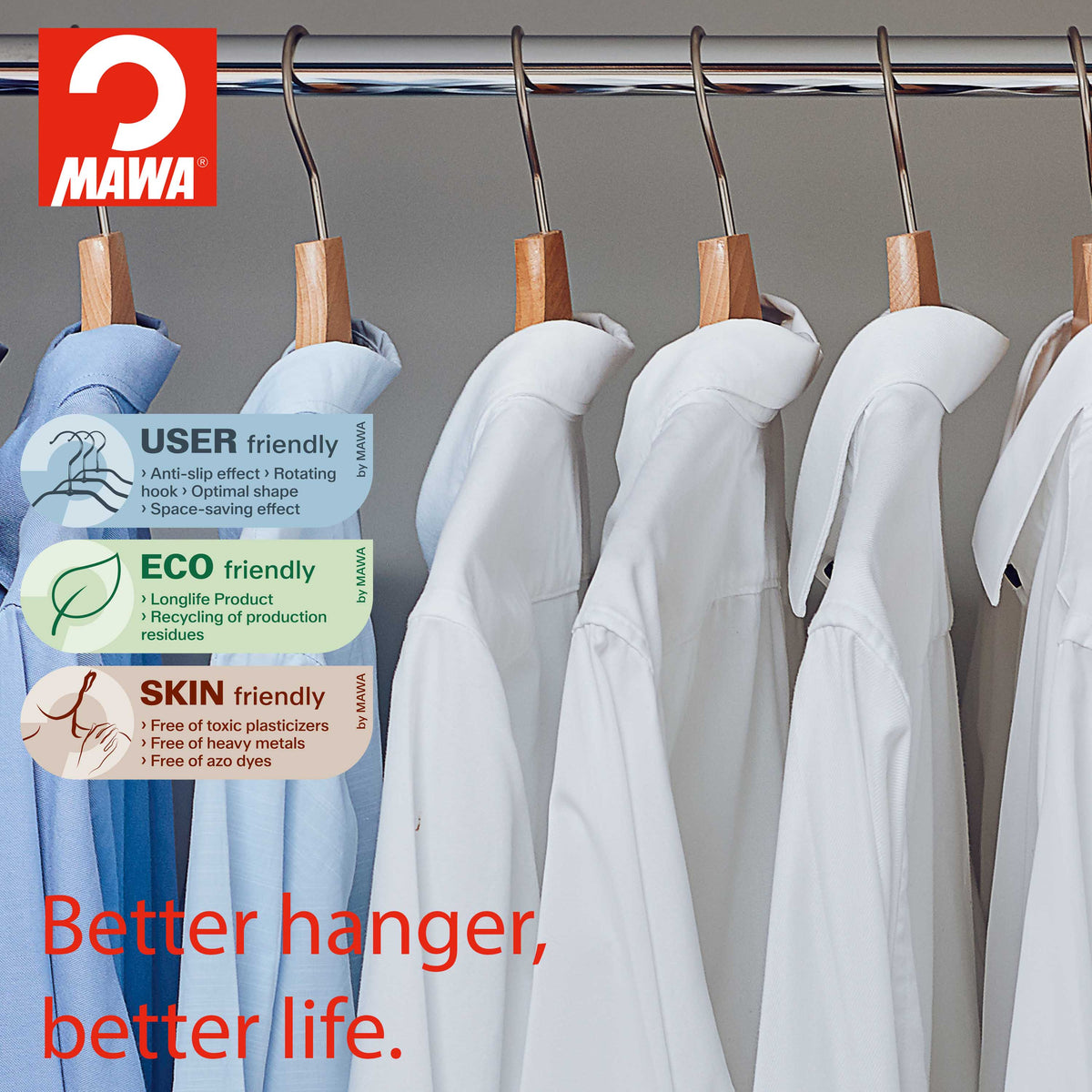 MAWA Metropolis Bodyform Shirt Hanger with Pant Bar, Natural