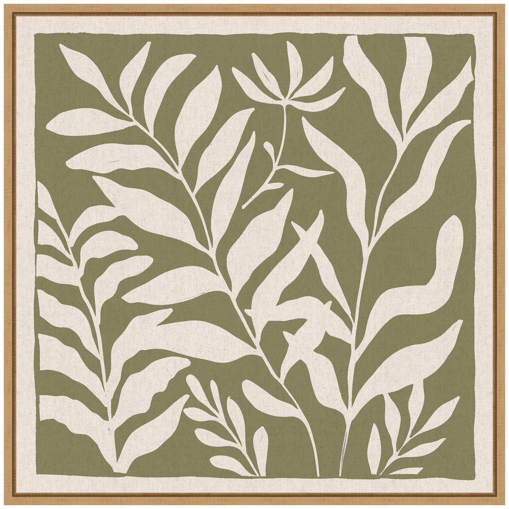 Sylvie Modern Minimalist Botanical Green and Neutral Linen Framed Canvas by The Creative Bunch Studio