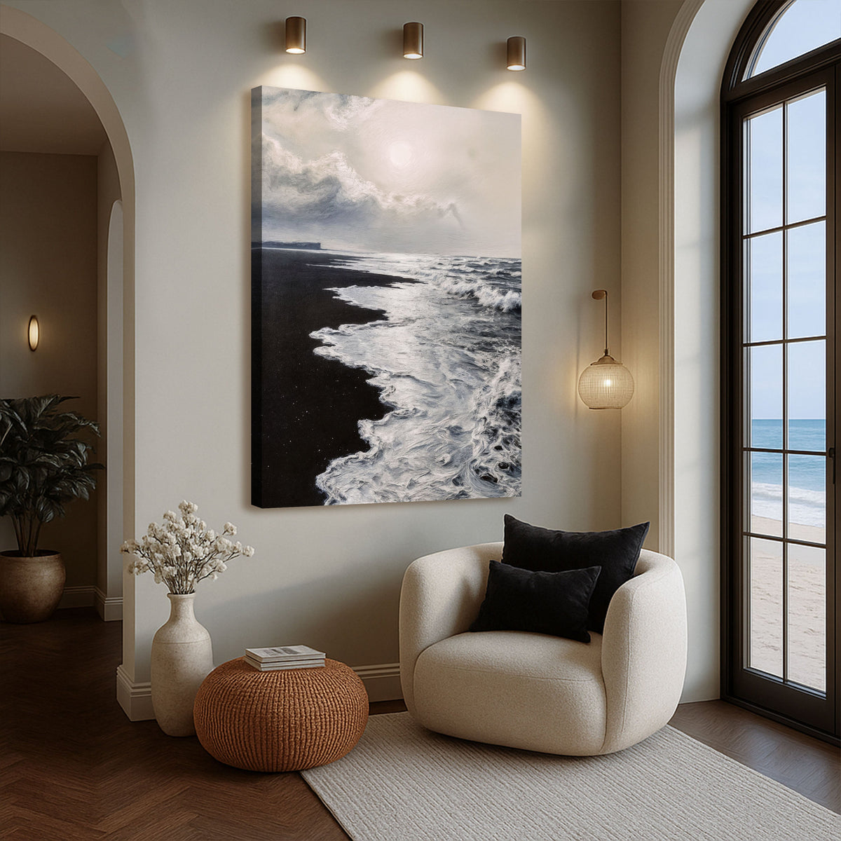 Black & White Waves Abstract Canvas Wall Art