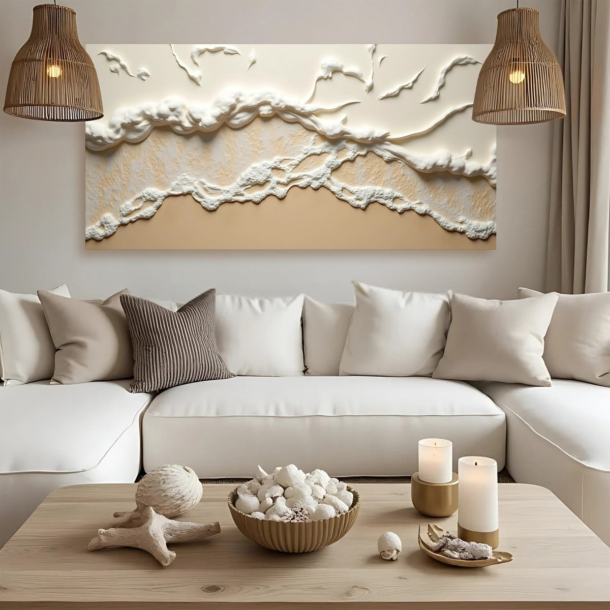 Beige Abstract Ocean Waves Canvas Wall Art
