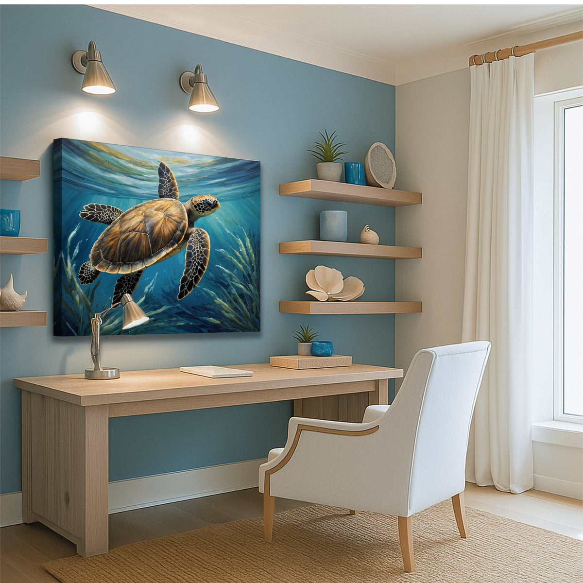 Turtle In Seagrass Coastal Canvas Wall Art