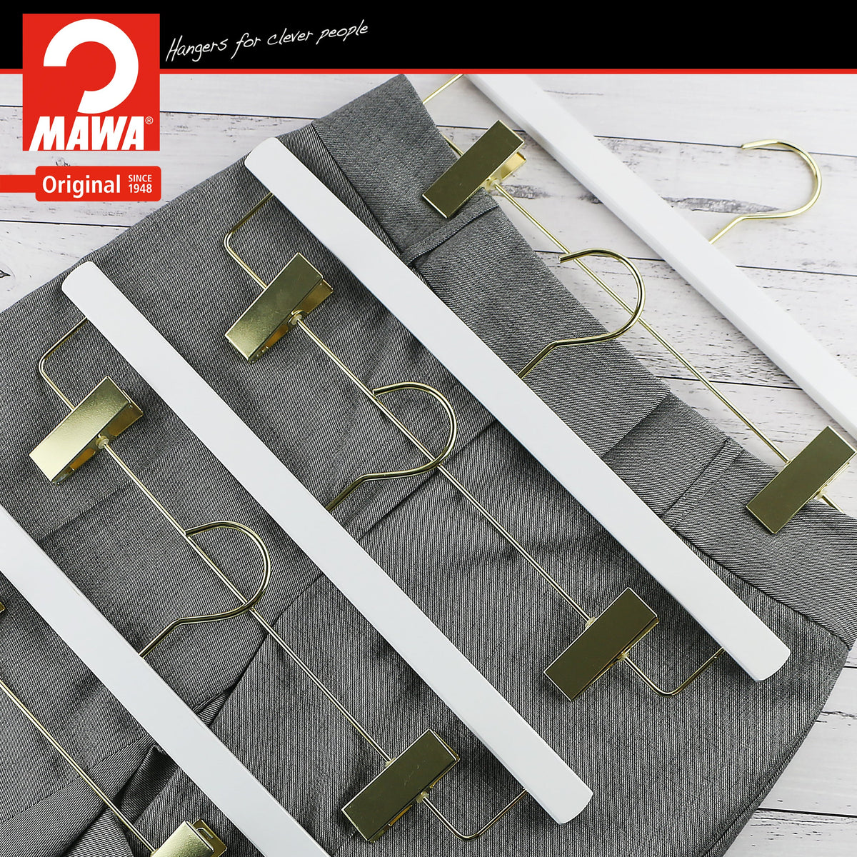 MAWA Metropolis Trend 40D Pant & Skirt Hanger with Adjustable Clips, White, Gold Hook