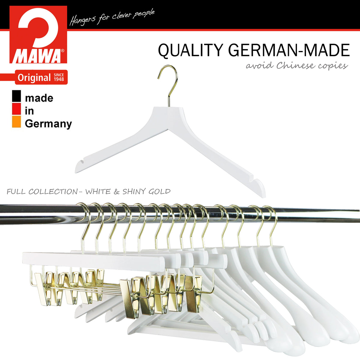 MAWA Metropolis Bodyform Profi 45/RE Shirt Hanger with Shoulder Notches, White, Gold Hook