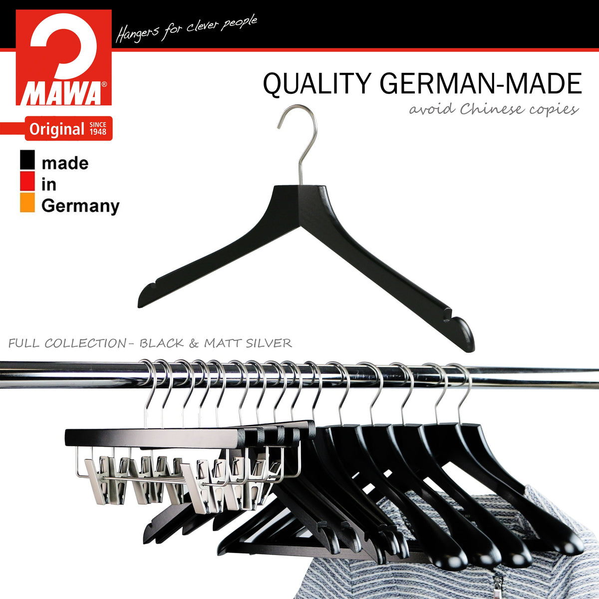 MAWA Metropolis Bodyform Profi 45/RE Shirt Hanger with Shoulder Notches, Black, Silver Hook