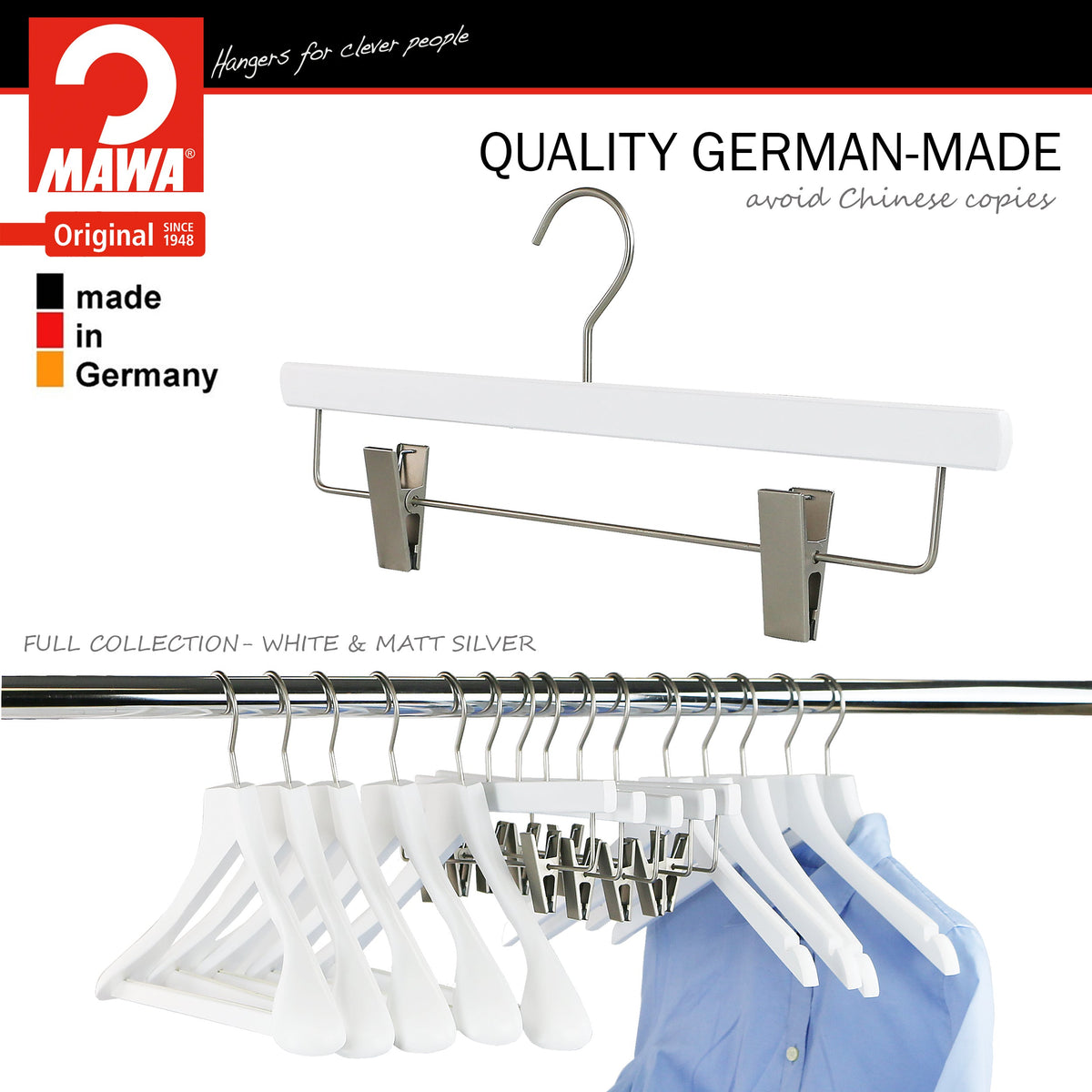 MAWA Metropolis Trend 40D Pant & Skirt Hanger with Adjustable Clips, White, Silver Hook