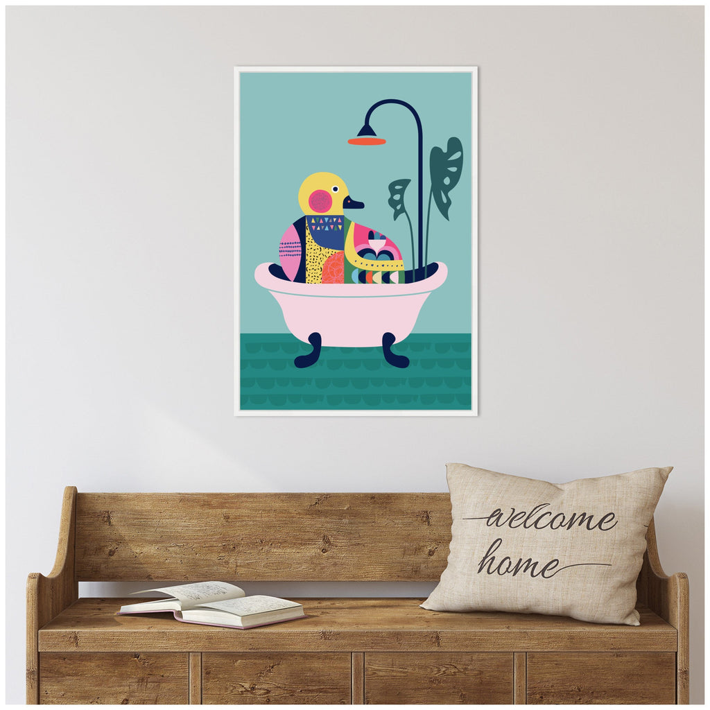 Sylvie Modern Teal Little Duckie in Bathtub Framed Canvas by Rachel Lee