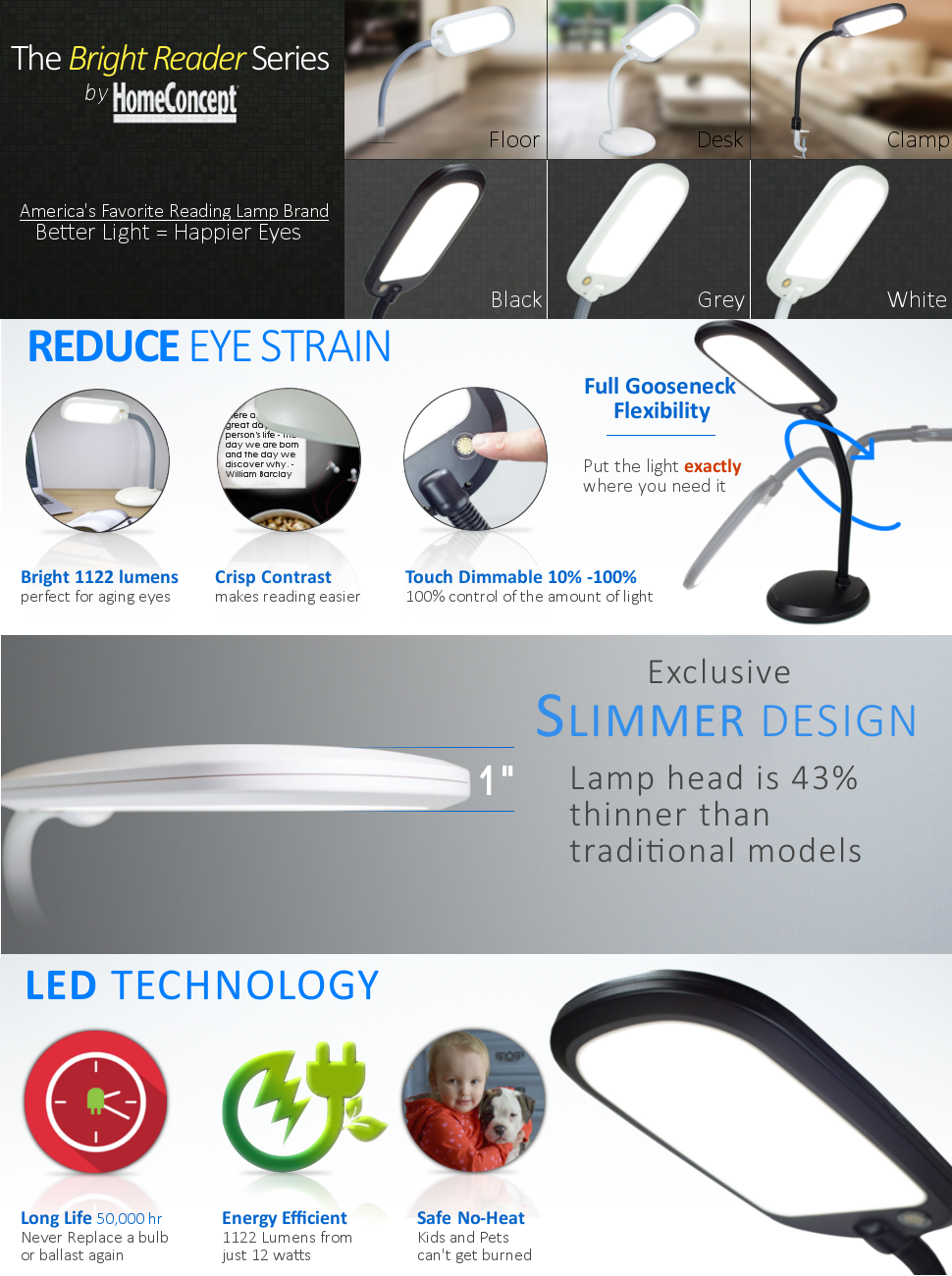Bright Reader Full Spectrum LED Desk Lamp, Slim Design, Natural Daylight, Black, 26"H