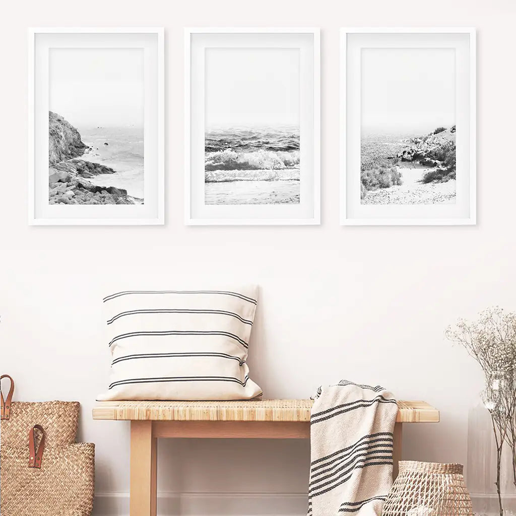 Coastal Black White Photography Set. Waves, Rocky Beach