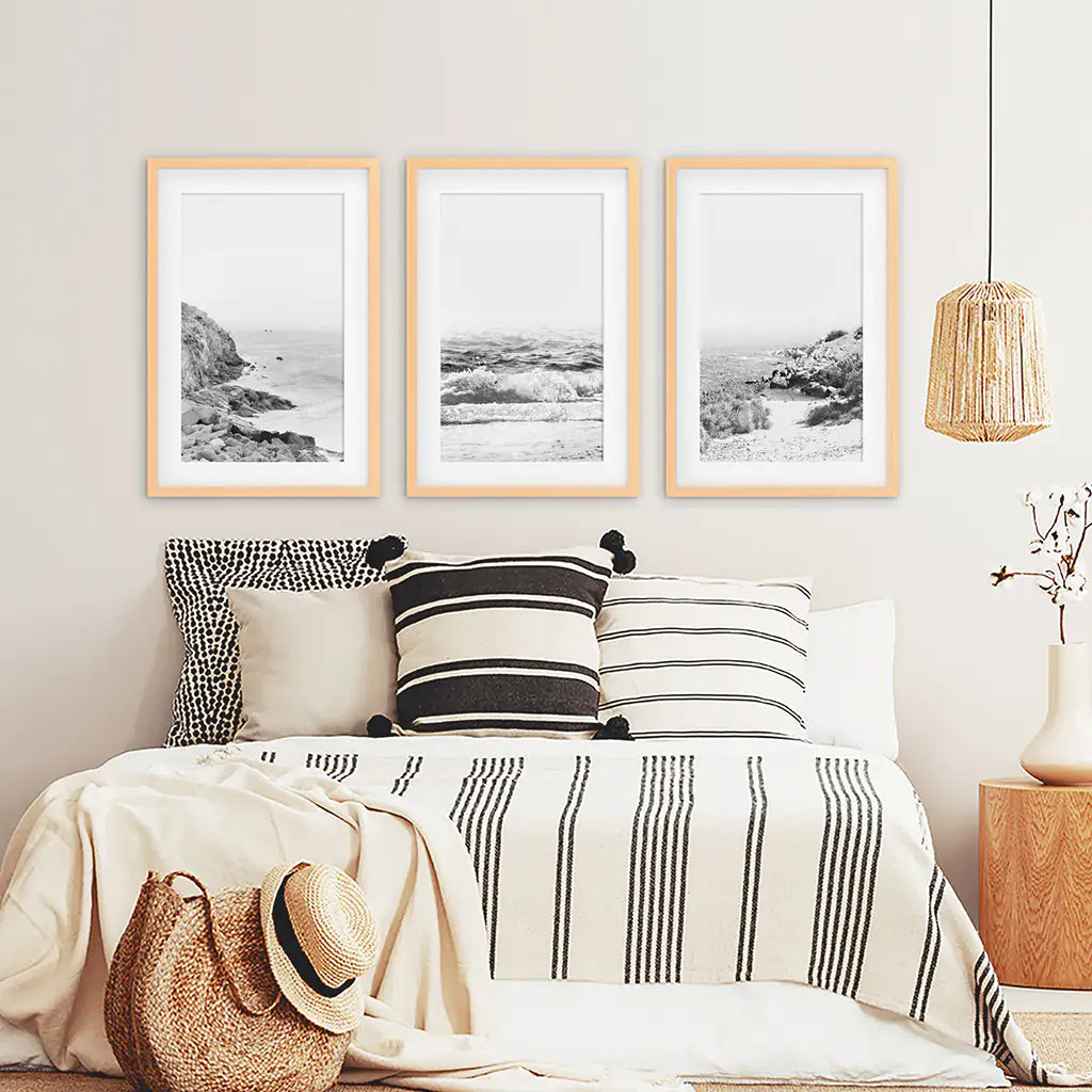 Coastal Black White Photography Set. Waves, Rocky Beach