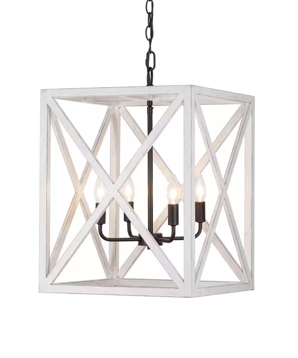 Alsy 16"W 4-Light Distressed White Caged Large Pendant Light Fixture, French Country Style